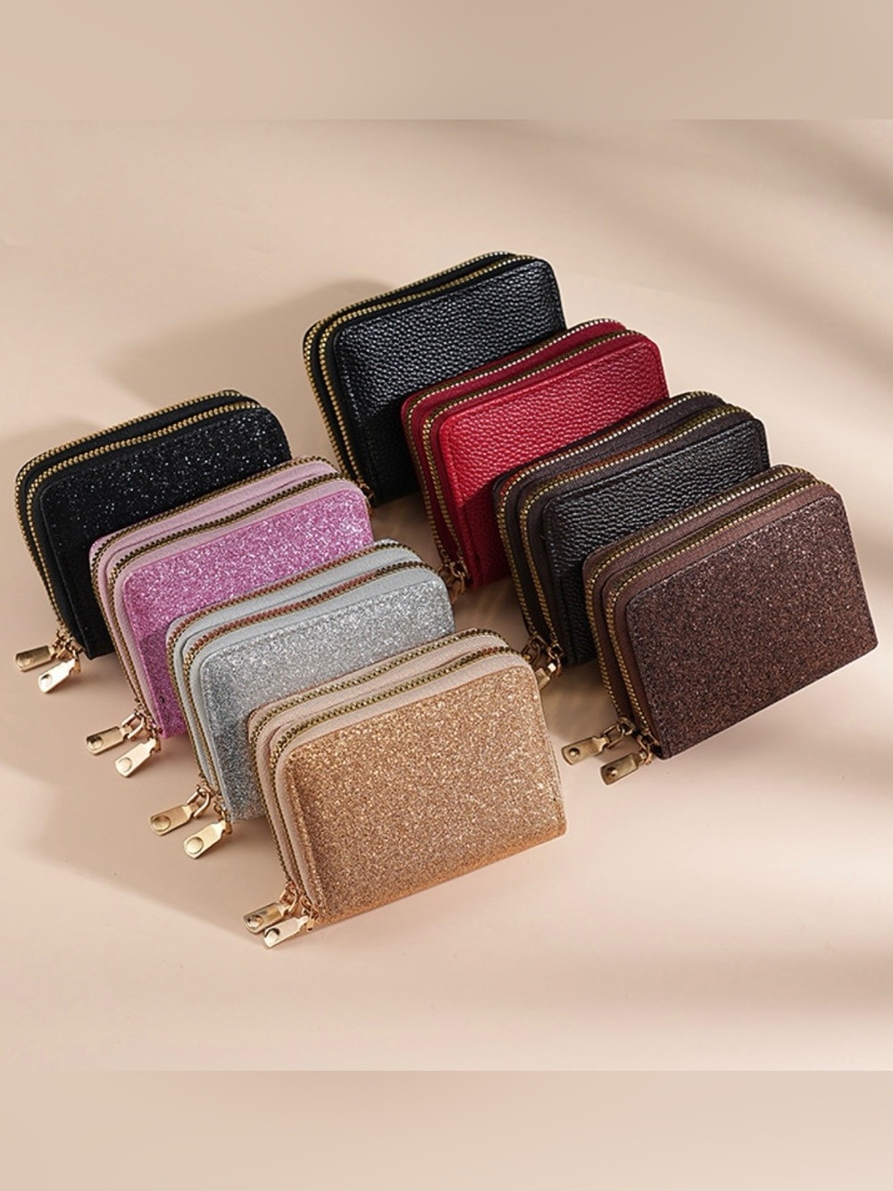 Black Glitter Wallet Double Zipper Accordion Card Holder Coin Purse Womens NEW - Picture 3 of 11